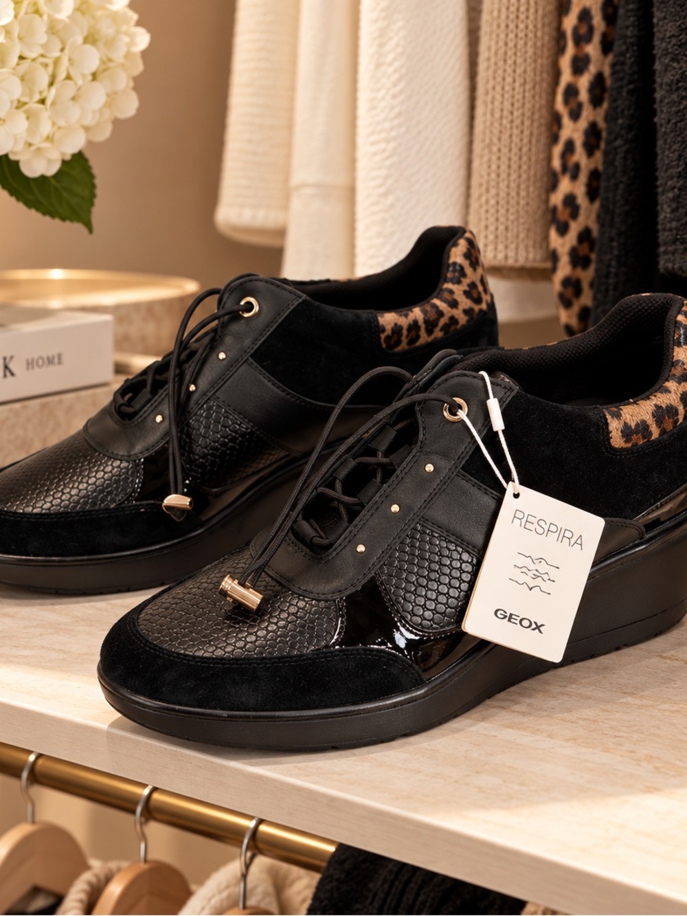 Respira Geox | NWT Women’s 9 Black Suede Leopard Trim Wedge Sneakers - Picture 3 of 13